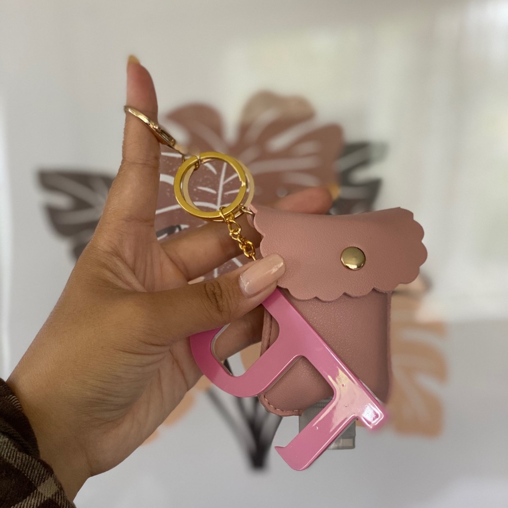 Vegan leather sanitizer keychain + button pusher